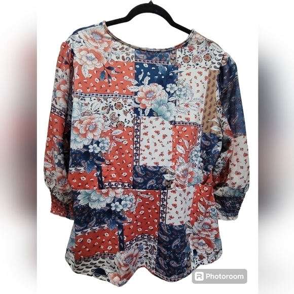 XL Multicolor Floral V Neck Drawstring Waist String Tie Long Sleeve Blouse - Picture 2 of 9